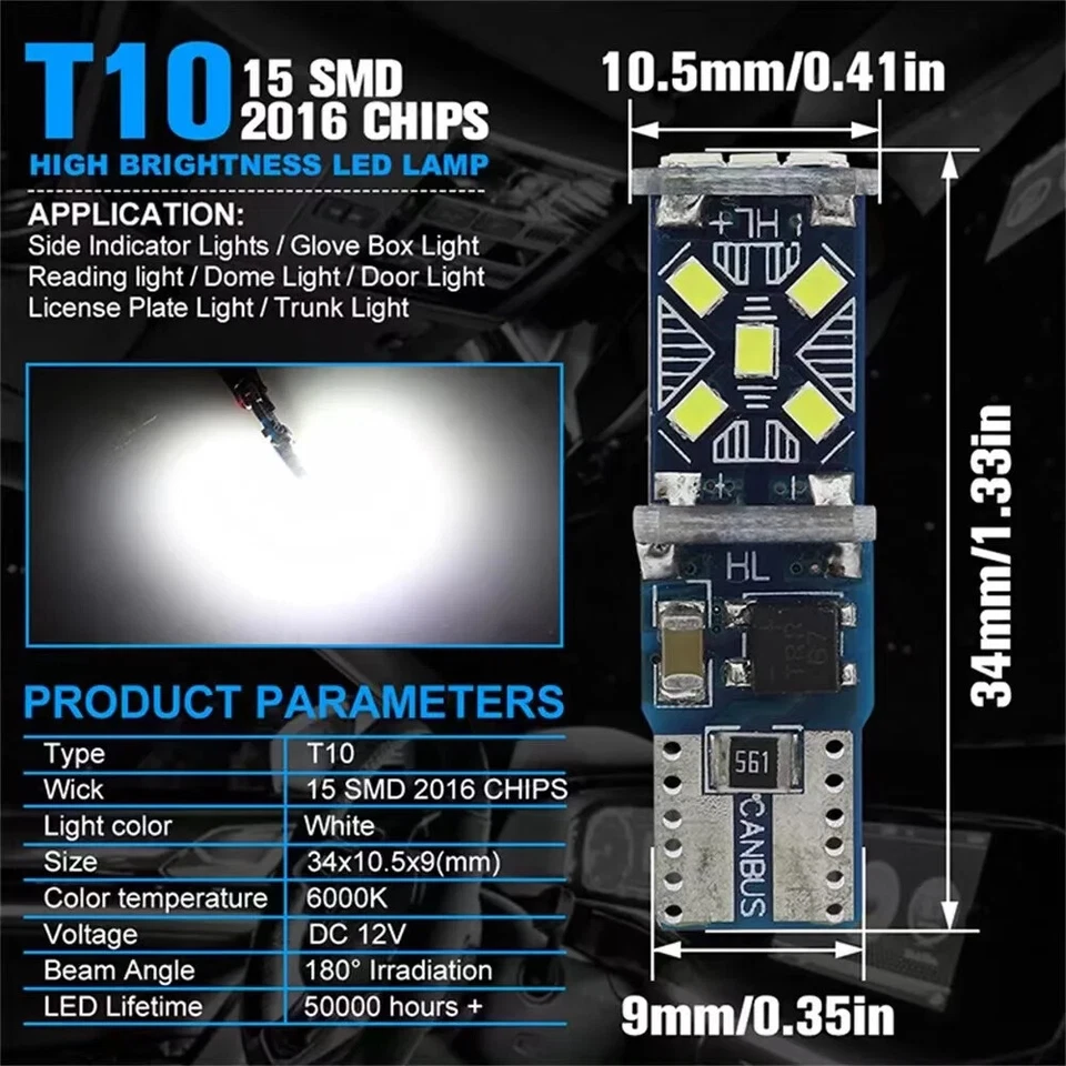T10 LED Bulb Canbus 501 W5W High Quaility Side Light Bulbs Various Colours Packs - Image 2 of 4
