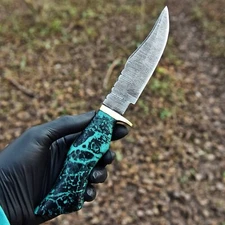 Damascus Fixed Blade Hunting Bowie Knife Leather Belt Sheath Outdoor Hunting