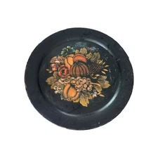 Vintage Black 19.5" Round Tole Metal Tray Fall Harvest With Pumpkins   