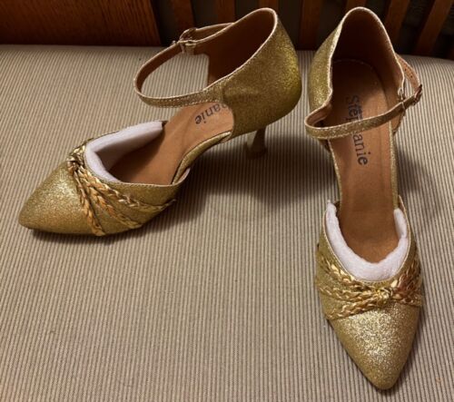 STEPHANIE BALLROOM DANCE SHOES 2.5” HEEL LEATHER GOLD GLITTER size 7 - Picture 1 of 8