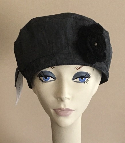 NWT Lemon Helen's Hats BERET Hat BLACK Cotton Denim Look • Chenille Flower Pin - Picture 2 of 2