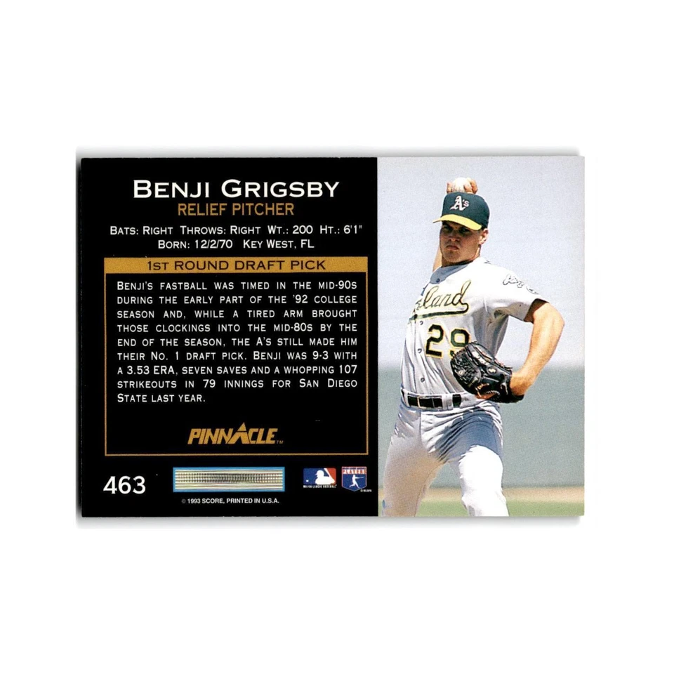 Benji Grigsby Rookie 1993 Pinnacle #463 Oakland Athletics Baseball Card NM - Image 2 of 3