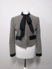 Zara Bow Boucle Short Textured Tweed Blazer Jacket Size M
