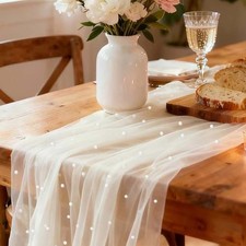 Beige Pearl Table Runner Boho Rustic Tulle Lace Table Runner 10ft Champagne