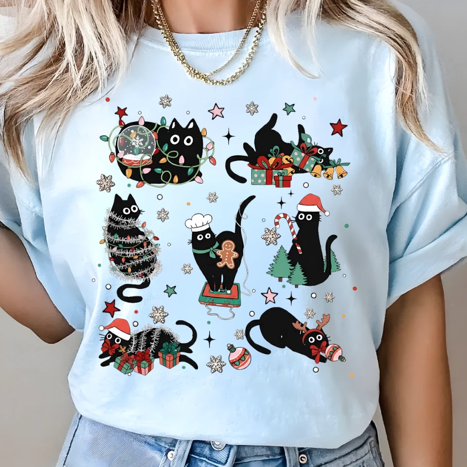 Смешной кот Рождественская футболка, милый праздник толстовка, праздничный любитель кошек подарок футболка - Изображение 3 из 4