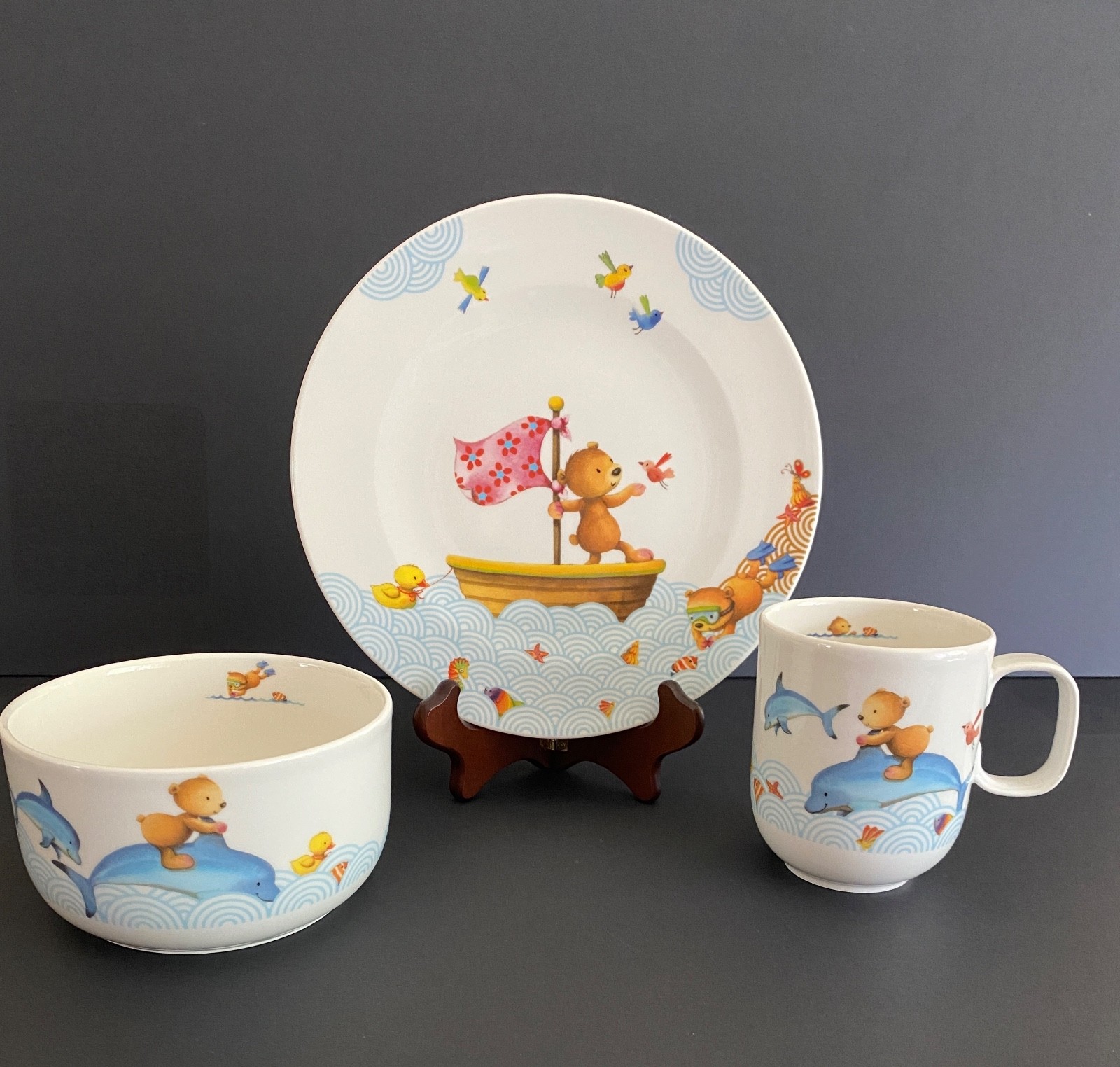 VILLEROY & BOCH CHILD'S BREAKFAST SET BEAR ON THE SEA DOLPHINS & SEAHORSE 3 PC