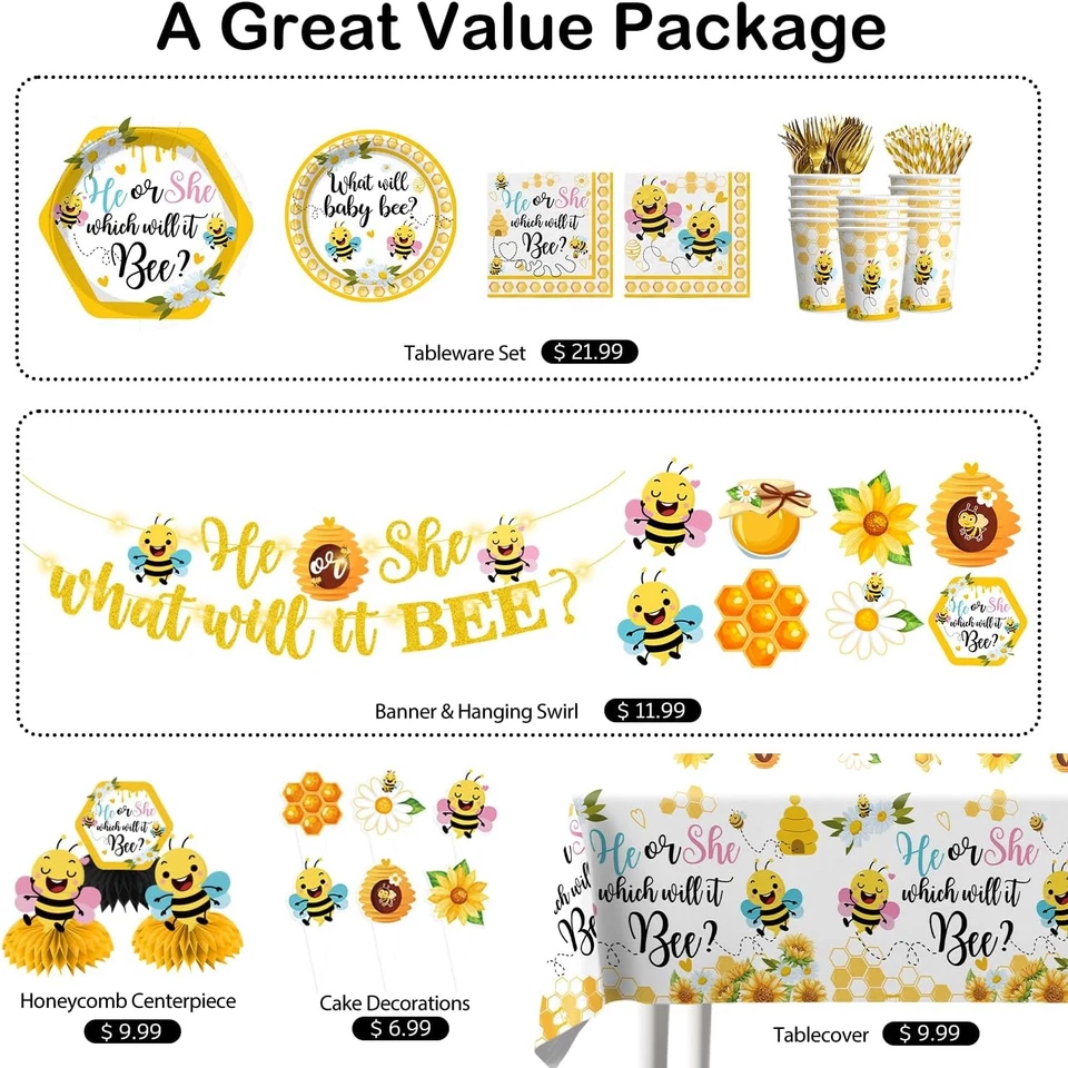 Juego de vajilla 168 piezas What Will it Bee Gender Reveal Decoraciones Bee Gender Re... Foto 3 de 4
