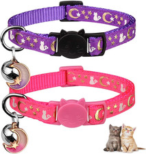 2PCS Breakaway Cat Collars with Bell Moons Stars Cute Kitty Adjustable Safe Kitt