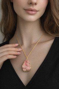 Natural Pink Druzy Quartz Necklace Gold Tone Pendant Raw Crystal Boho