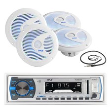 Pyle Bluetooth Marine Receiver, 4x 6.5'' 150W Multicolor LED Speakers, Antenna