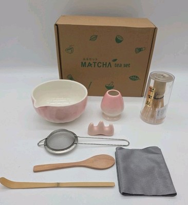 Matcha Tea Whisk Set 8 Pieces Pink Ceramic Mixing Bowl Bamboo Wisk New