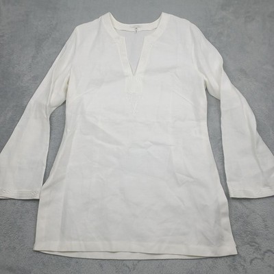 Escada Top Womens 38 White Linen Tunic Long Sleeve Preppy