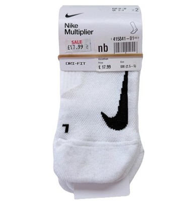 Nike Multiplier No Show Socks White / Black Size UK 2-5 X2 Pairs New 