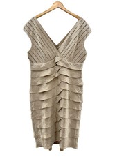 Adrianna Papell Tiered Ruffle Cocktail Sheath Knee V Neck Dress Sz 16W Champagne