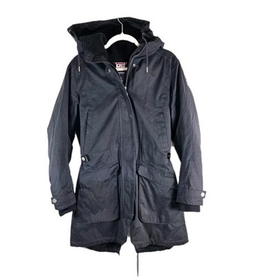 Helly Hanson Womens Black Sherpa Lined Hooded Long Parka Jacket Pockets Adjustab