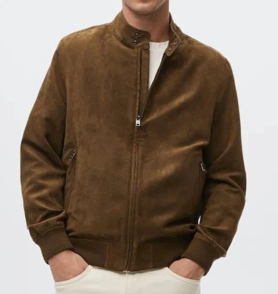 Men's Brown Vintage Suede Leather Jacket Slim Fit Bomber Biker Trucker Jacket L