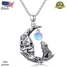 925 Sterling Silver Moon Wolf Skull Necklace Moon Wolf Pendant for Women