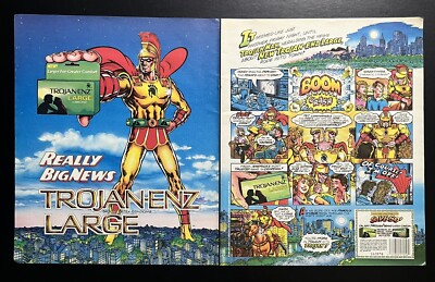 Trojan Enz Large Condoms 1990 Vtg Print Ad 20''x12'' Trojan man comic strip ad