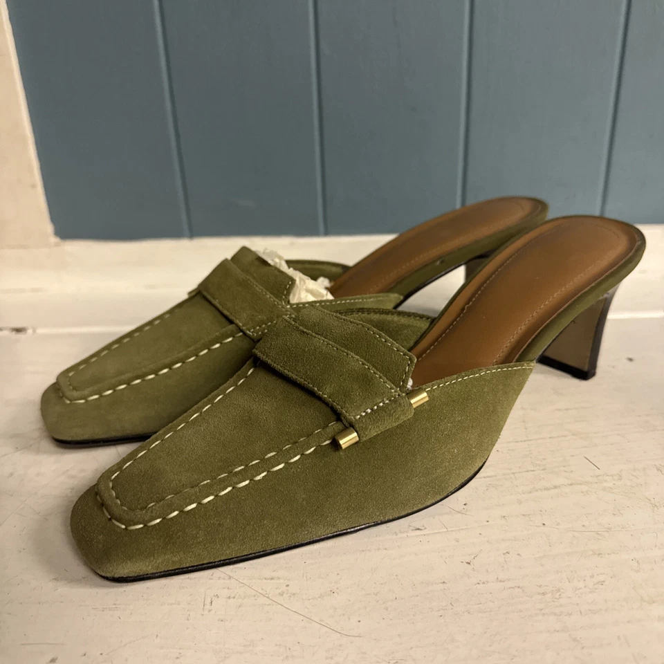 Women's Sz 8  Vintage LifeStride Lucinda Olive Green Suede Leather Mules Heels L - Image 2 of 4