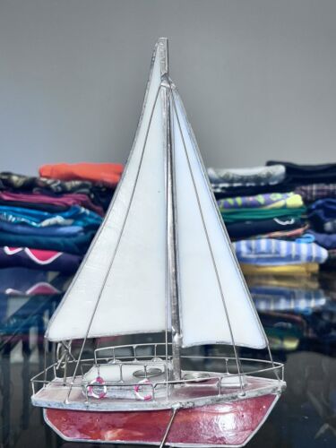 Vintage Stained Glass Sailboat Orange & White 10” - Picture 4 of 13