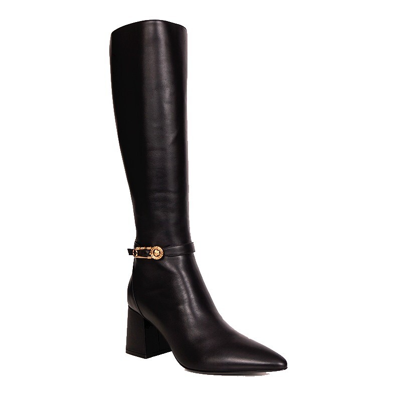 【関税&送料込み】Versace Boots 38 NEW $1,825 VERSACE Black Leather LOGO SAFETY PIN Knee