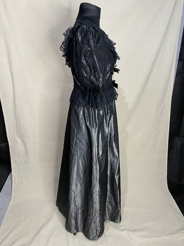 Vintage Black Grey Gothic Maxi Dress Lace Victorian Satin Look Halloween Goth - Picture 2 of 14