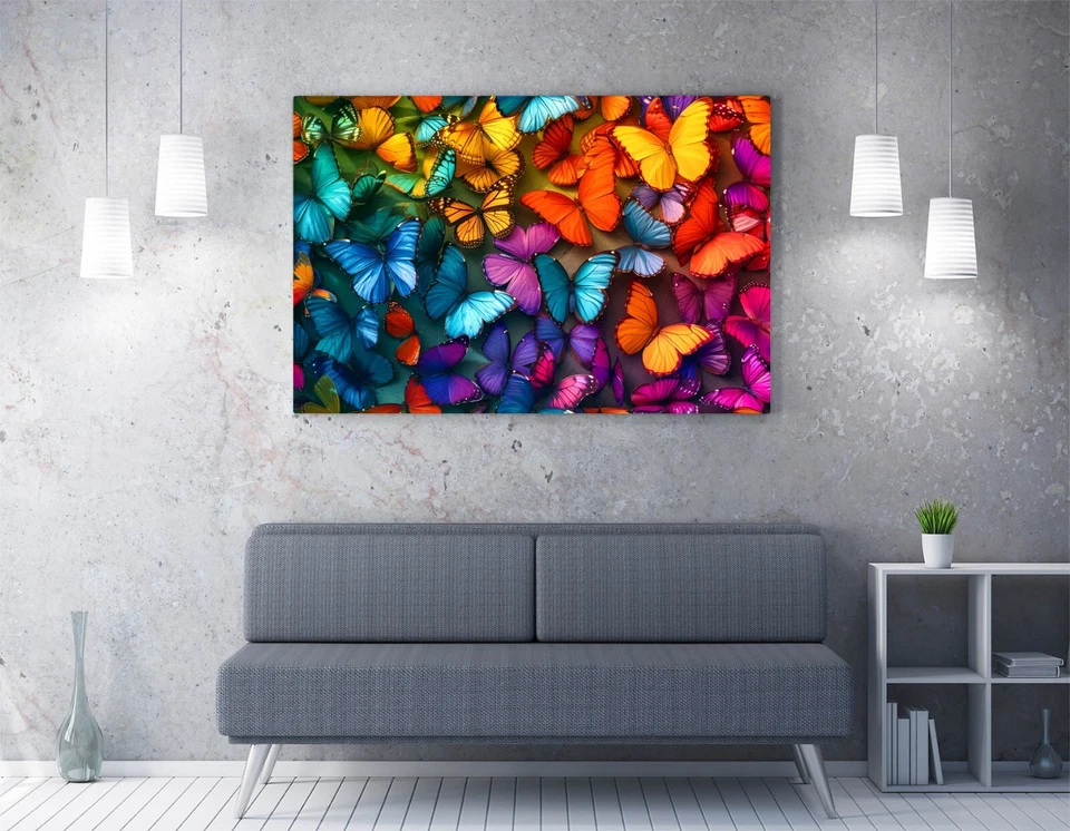 RAINBOW MULTICOLOUR BUTTERFLIES -FRAMED CANVAS WALL ART PICTURE PRINT - Image 2 of 2