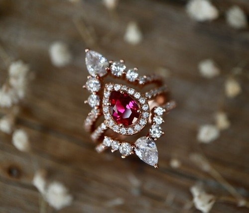 Exquisite Pear Cut Lab Created Ruby Rose Gold Plated on Silver Art Deco Ring Set - Picture 5 of 7