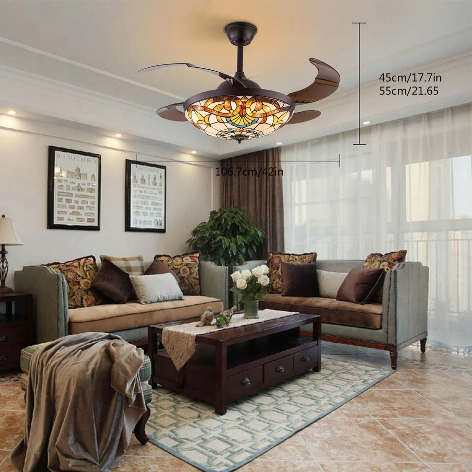 42" Tiffany Ceiling Fan with Light LED Chandelier Remote Retractable Blades USA - Image 2 of 4