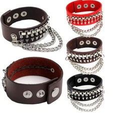 Men Fashion Punk Wide Leather Spike with Chain Belt Cuff Wrap Wristband Bracelet