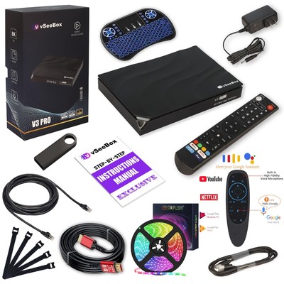 vSeeBox V3 Pro   LED Strip, CAT6, Ties, HDMI, USB, Air Mouse, Keyboard, 4GB/32GB