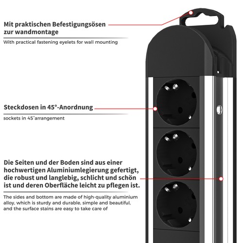 Steckdosen-Leiste mit Überspannungsschutz 3/5/8-fach 250V Alu-Mehrfachstecker DE - Bild 4 von 20