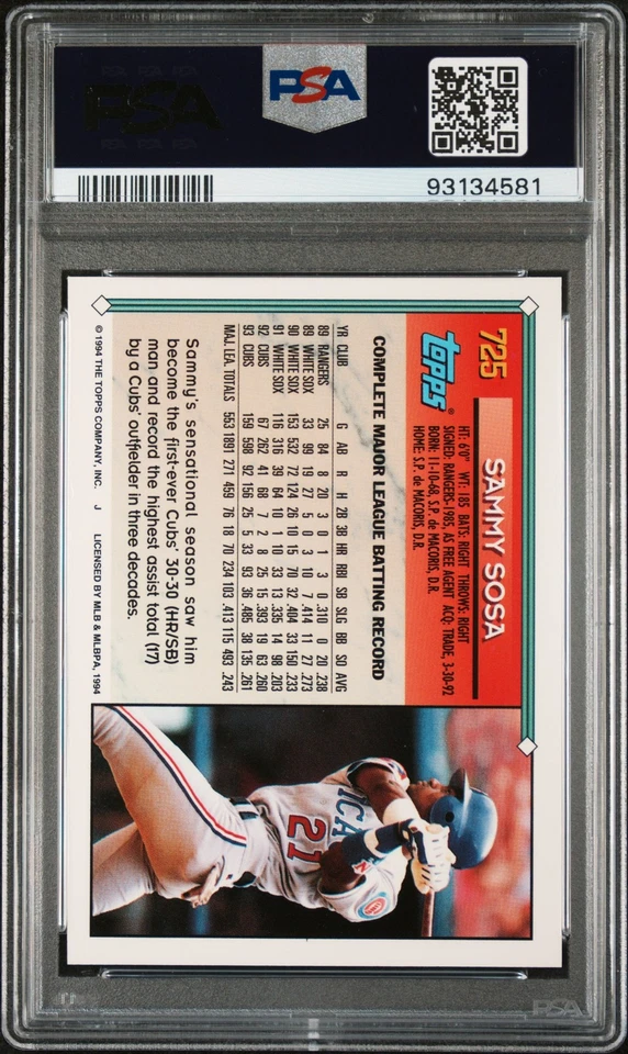 1994 Topps Sammy Sosa #725 PSA 9 - Image 2 of 2