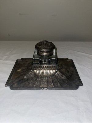 Beautiful Antique Silverplate Inkwell with Heavy Glass Insert and Ornate Hinged