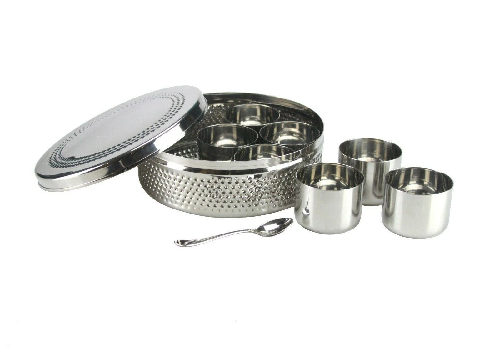 Indian Masala Dabba Hammered Stainless Steel Spice Tin Masala Dabba Box 7 Pot