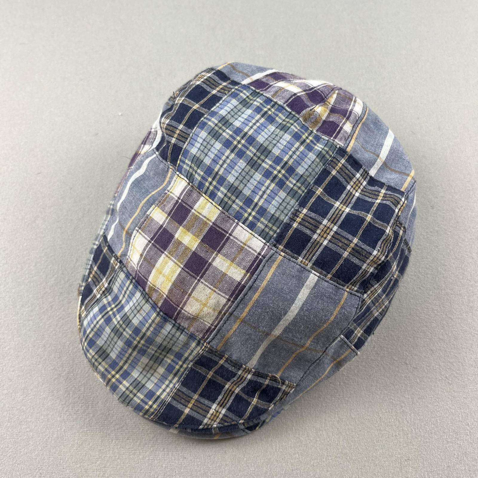 Patchwork Flat Cap Hat 7-1/4 Blue Multicolor Plai… - image 1