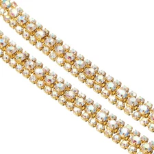 1 Yard 3 Rows Rhinestone Close Chain Trim, AB Rhinestone with Gold Base