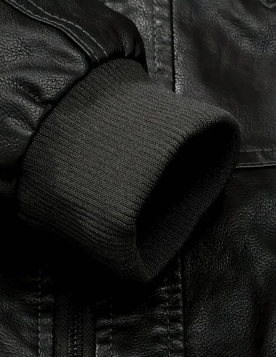 Men's Collar PU Faux Leather Bomber Jacket Zip-Up With Removable Hood - product detail image 4