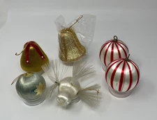Vintage Christmas Assorted Satin Ball Bird Bell Ornaments Lot Of 6
