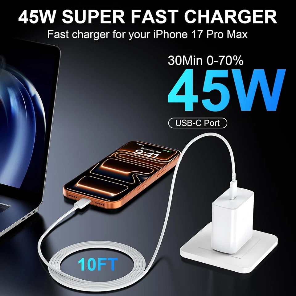 Fast Charging, 45W USB C iPhone 17/16 Super Fast Charger Block with 10ft Long Ty - Image 4 of 4