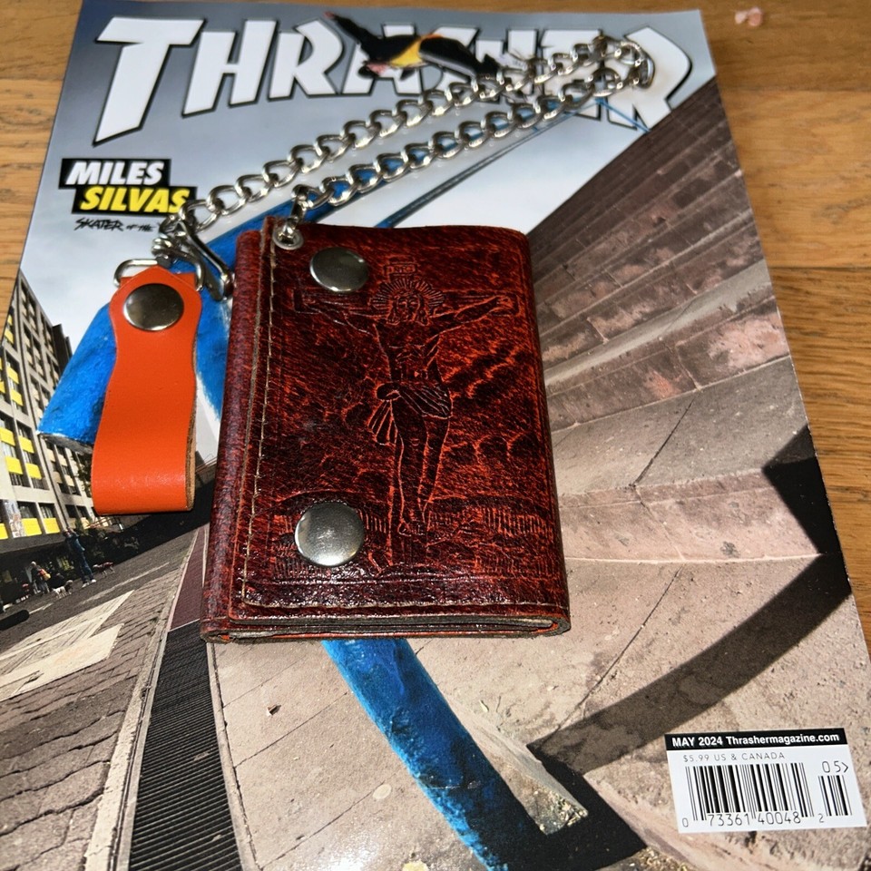 Vintage Genuine Leather Embossed Jesus Biker Chain Wallet Trucker