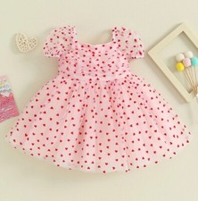NEW Valentine's Day Girls Pink Heart Print Short Sleeve Tulle Dress