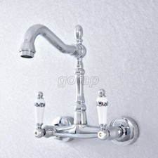 Polished Chrome Bathroom Basin Sink Faucet Dual Handles Mixer Tap Wall Mount