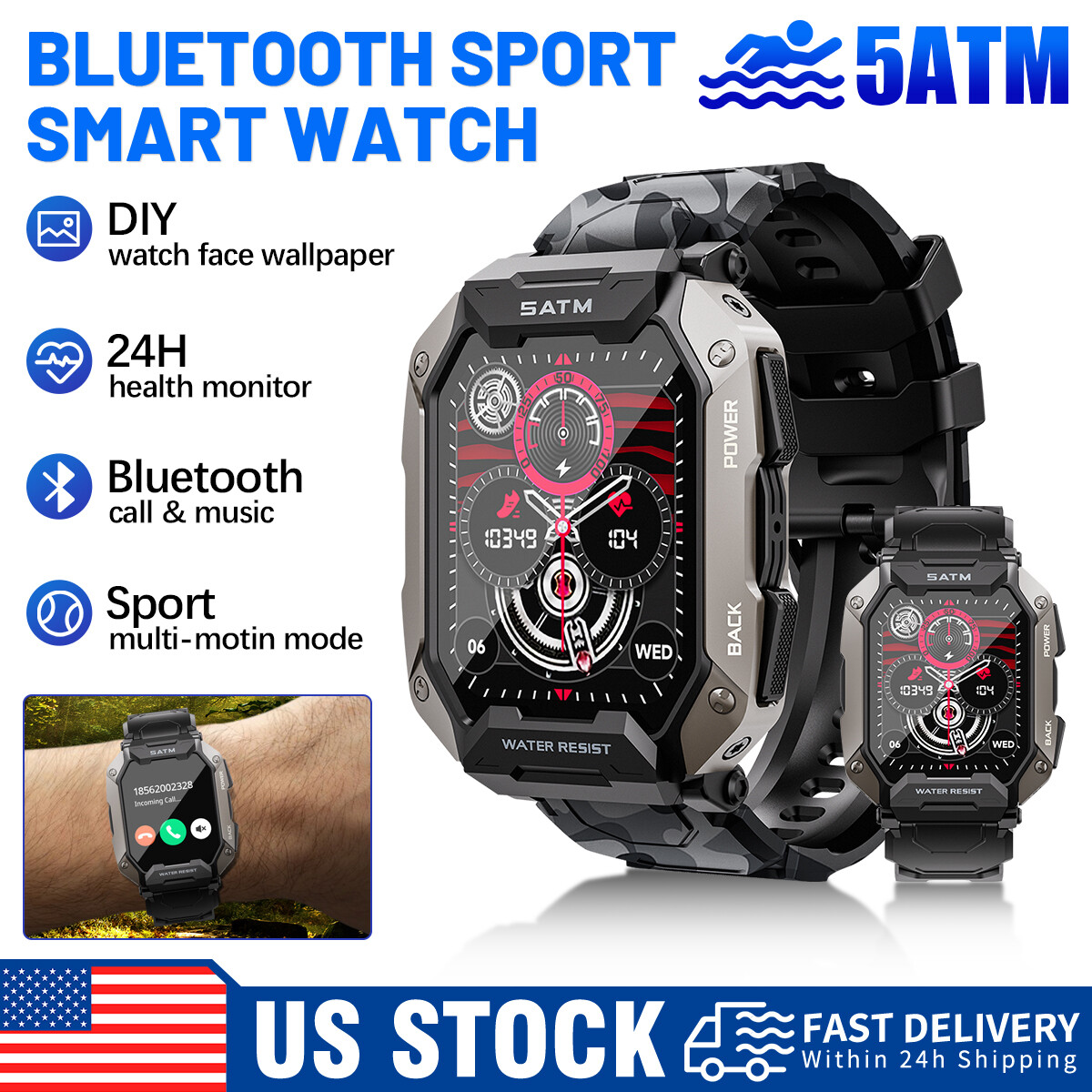 Men's Smart Watch -Military Tactical Watch -Waterproof Outdoors for Android iOS