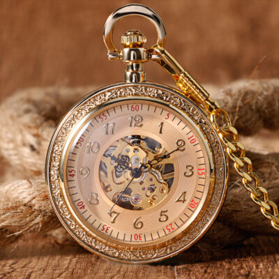 Full Gold Luxury Mechanical Pocket Watches Pendant Chain Retro Engraving Case