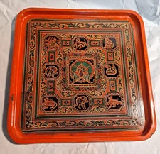Antique Burmese Red & Black Lacquer square serving platter tray - Peacock design