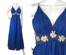 Vintage Ball Gown 1970s Mike Benet Blue Dress White Silver Beads Sequins Size XS
