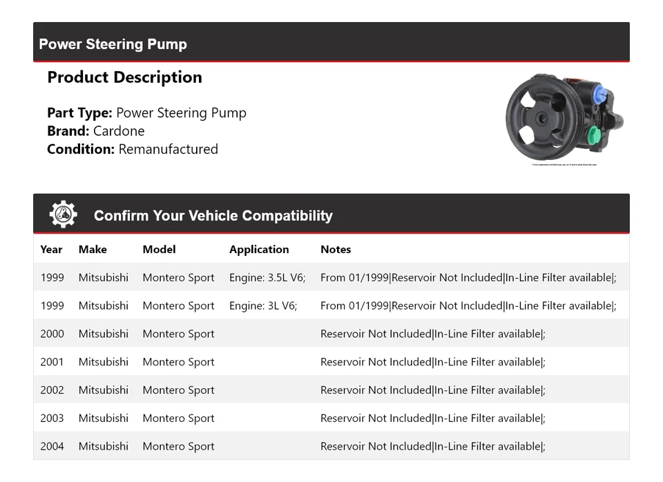 Насос гидроусилителя руля Cardone 2000 2001 для Mitsubishi Montero Sport 1999-2004 годов выпуска - Изображение 2 из 4