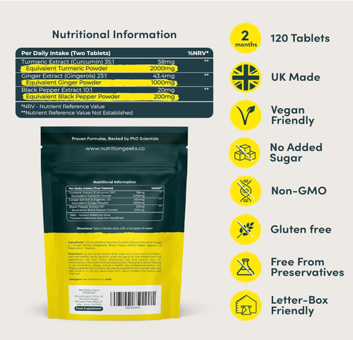 Nutrition Geeks Turmeric Tablets 2000mg with Black Pepper & Ginger, Gluten Free - Picture 3 of 7