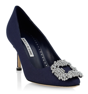 Manolo Blahnik Hangisi 70 Navy Blue Linen Pearl Jewel Buckle Low